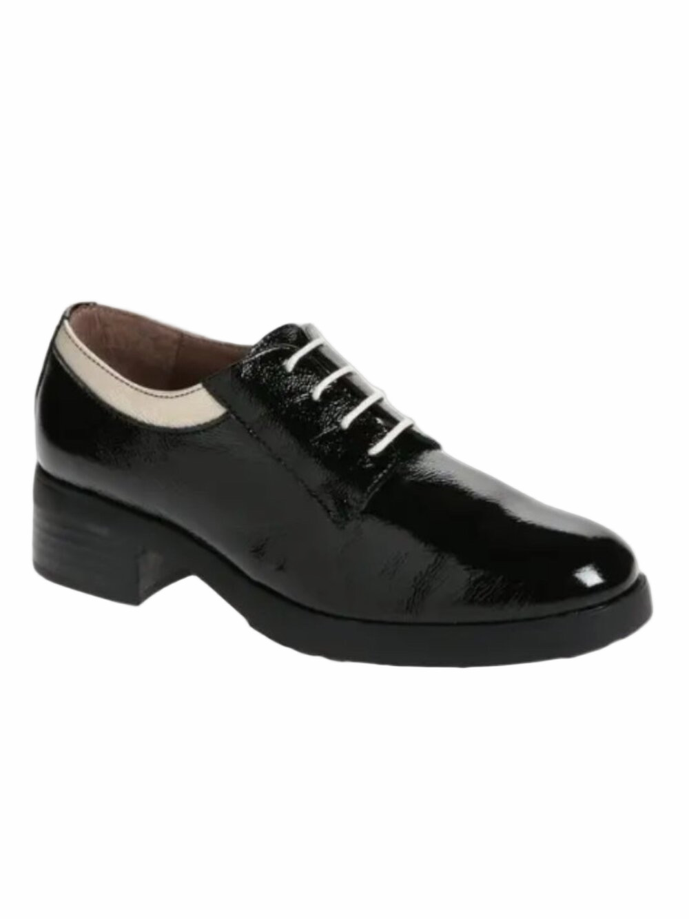 NEW Wonders Women's Smart Patent Black Cream Heel Oxford Shoes Size 39 US 8.5